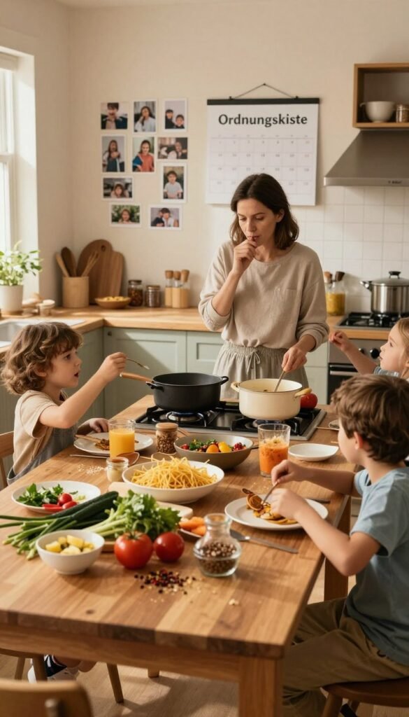A cozy family kitchen scene during a busy mealtime, featuring a warm color palette that creates an inviting atmosphere. In the foreground, a large wooden dining table is cluttered with half-prepared ingredients like vegetables, pasta, and spices, symbolizing the chaos of meal prep. A mother, wearing modest casual clothing, stands with a thoughtful expression, surrounded by her children who are playfully arguing about what to eat. In the middle ground, an array of pots and pans are haphazardly arranged on the stove, while a wall-mounted calendar and family photos add a personal touch in the background. Soft, natural light filters through a window, casting a warm glow over the scene, capturing the essence of family life and the challenges of maintaining order in the kitchen. The branding "Ordnungskiste" subtly blends into the kitchen decor.