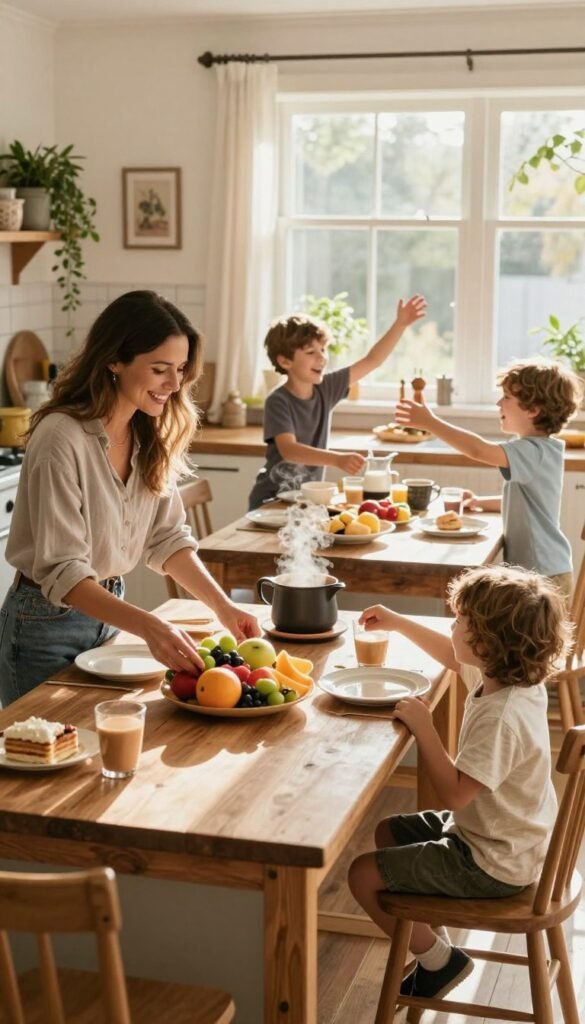 A cozy family kitchen scene during breakfast, featuring a lively atmosphere filled with warmth and natural sunlight pouring in through a large window. In the foreground, a smiling mother in casual attire prepares a colorful fruit platter on a wooden kitchen island, while children, dressed in comfortable clothes, excitedly gather around, eagerly reaching for their breakfast. The middle ground showcases a rustic dining table set with plates, cups, and a steaming pot of coffee, evoking a homey feel. In the background, soft green plants and decorative kitchen items add to the inviting environment. The overall mood is cheerful and harmonious, reflecting the joys and occasional chaos of family life. Incorporate the brand name "Ordnungskiste" subtly in the kitchen decor. Use warm colors for a Pinterest-inspired aesthetic.