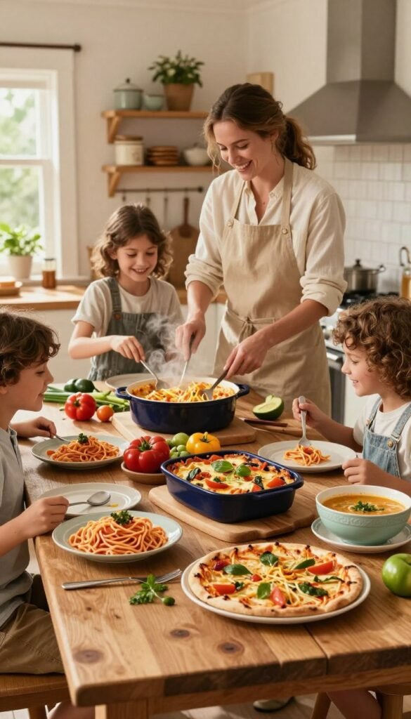 A cozy family kitchen scene featuring a beautifully arranged table with vibrant homemade pasta, a delicious pizza, a comforting baked casserole, and a steaming bowl of soup, all freshly prepared. The foreground showcases a rustic wooden table adorned with colorful vegetables and ceramic dishes. In the middle, a family of four (dressed in modest casual attire) joyfully interacting while cooking together, emphasizing the importance of family meals. The background reveals warm, inviting kitchen decor with natural light streaming in, creating a welcoming atmosphere. The overall mood is cheerful and homely, with warm colors and a Pinterest-inspired aesthetic. The brand name "Ordnungskiste" subtly incorporated into the kitchen decor, without any text overlays.