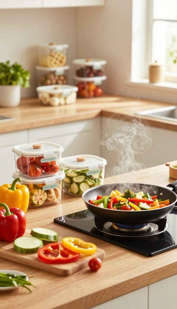 A cozy family kitchen scene featuring a variety of quick skillet dishes, beautifully arranged on a wooden countertop. In the foreground, colorful vegetables like bell peppers, zucchini, and cherry tomatoes are sliced and prepared, ready for cooking. A frying pan sizzles on the stove with a vibrant stir-fry, steam rising and inviting aromas wafting through the air. The middle ground shows a well-organized kitchen with neatly stored ingredients in "Ordnungskiste" containers, showcasing a practical and stylish approach to family cooking. The background offers warm lighting, creating an inviting atmosphere, with soft sunlight streaming through a window, illuminating the space. The overall mood is cheerful and nurturing, emphasizing the joy of cooking simple, family-friendly meals together.