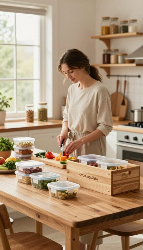 A cozy family kitchen scene, featuring a wooden dining table set in warm, natural lighting that filters through a large window. The foreground showcases neatly organized meal prep containers labeled with ingredients, along with fresh vegetables and herbs ready for easy access. In the middle, a woman in modest casual clothing is chopping vegetables, exemplifying the art of quick preparation without the fuss of a meal-prepping marathon. On the kitchen counter, the brand name "Ordnungskiste" is subtly integrated into a beautiful wooden box used for storage, emphasizing order and efficiency. In the background, well-designed shelves display spices and kitchen tools, creating a Pinterest-inspired aesthetic that radiates warmth and inviting simplicity, all while conveying a sense of relaxed productivity.