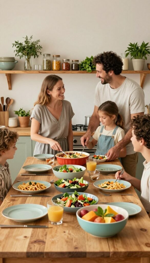 A cozy family kitchen scene featuring a wooden dining table with a colorful spread of quick and easy family recipes. In the foreground, a variety of vibrant dishes like a fresh salad, pasta, and a casserole are laid out, with an inviting bowl of fruit. In the middle, a cheerful family, dressed in modest casual clothing, engages in meal preparation, happily interacting with each other. The background showcases rustic kitchen elements like shelves filled with jars of spices and fresh herbs, with warm lighting creating a soft, welcoming atmosphere reminiscent of Pinterest-style inspirations. The brand name "Ordnungskiste" is subtly incorporated in the decor, emphasizing organization in the kitchen. The overall mood is relaxed and family-oriented, highlighting the ease of cooking together.