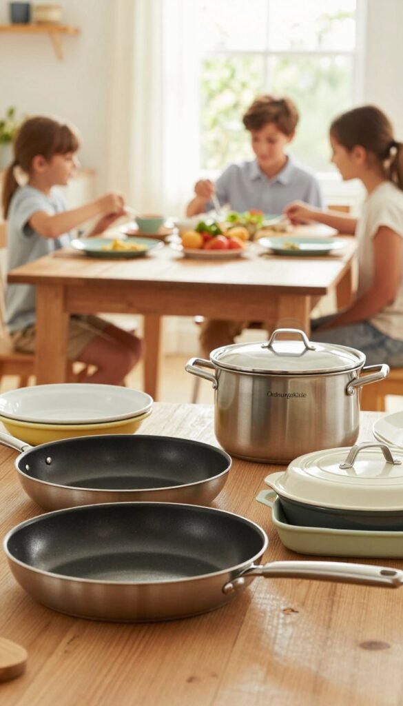A cozy family kitchen scene featuring large, high-quality cooking equipment suitable for preparing meals for multiple people. In the foreground, there are expansive frying pans, sturdy pots, and versatile baking dishes, all arranged artfully. In the middle ground, an inviting wooden dining table is set with colorful plates and utensils, hinting at an upcoming family meal. The background reveals bright, warm lighting that filters through a window, creating a cheerful and welcoming atmosphere. The colors are natural and warm, with a Pinterest-inspired aesthetic that feels both authentic and stylish. The brand "Ordnungskiste" is subtly integrated into the design of the cookware, reflecting modern family cooking. The composition captures the spirit of togetherness and the joy of cooking for a family.