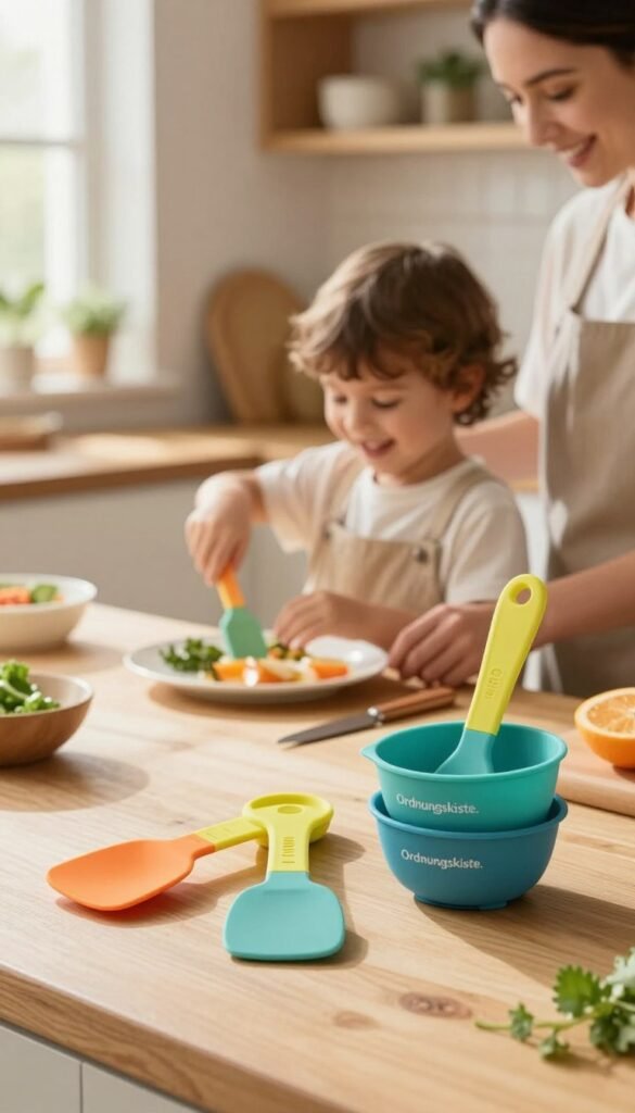 A cozy family kitchen scene featuring vibrant, high-quality premium platinum silicone kitchen utensils designed for small hands, prominently displaying the brand name "Ordnungskiste." In the foreground, a colorful silicone spatula and measuring cups are softly illuminated by natural light streaming through a nearby window, showcasing their flexibility and vibrant colors. In the middle, a cheerful child, wearing modest casual clothing, is happily engaged in cooking alongside an adult, both focused on preparing a meal together. The background reveals a warm, inviting kitchen filled with wooden cabinetry and plants, enhancing the homey atmosphere. The image radiates a sense of family togetherness and the ease of cleaning with silicone products, all captured with a soft focus to create an inviting Pinterest-like aesthetic.