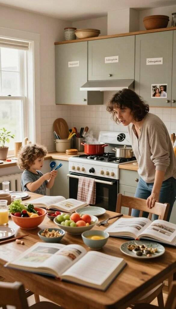 A cozy family kitchen scene, filled with warmth and inviting natural light streaming in through a window. In the foreground, a cluttered kitchen table is visible, scattered with open cookbooks, half-prepared ingredients, and colorful dishes. An overwhelmed parent in modest casual clothing looks anxiously at the chaos, while a child plays nearby with kitchen utensils. The middle ground features a stove with pots bubbling over and a slight mess, showcasing the morning rush. The background reveals cabinets adorned with labels, like "Ordnungskiste," and family photos, adding a personal touch. The overall mood is one of chaotic warmth, emphasizing the everyday struggles of a family kitchen, captured in a Pinterest-inspired aesthetic with earthy tones.