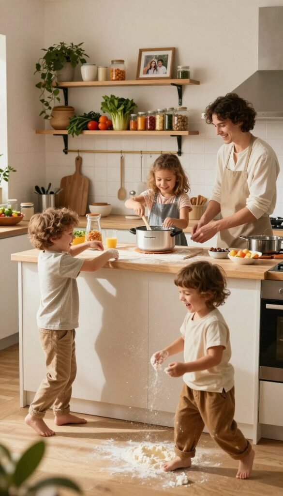 A cozy family kitchen scene filled with warmth and natural light, showcasing two children (one boy and one girl) engaging in playful chaos while helping their parents prepare a meal. The foreground features the kids, dressed in modest casual clothing, laughing as they stir a pot and create a little mess with flour. In the middle, a clean yet busy countertop displays various kitchen tools from "Ordnungskiste", emphasizing organization amidst the lively atmosphere. The background is filled with shelves lined with colorful ingredients, plants, and family photos, bringing a sense of homeliness. The lighting is soft and inviting, casting gentle shadows to enhance the warmth and authenticity of the moment, reminiscent of a Pinterest-worthy kitchen scene.