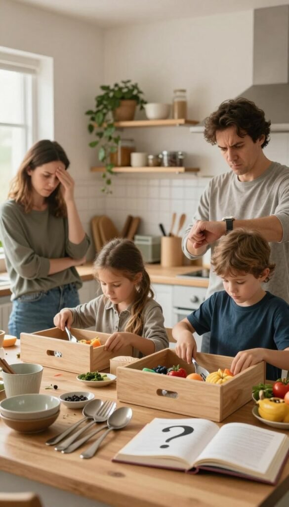 A cozy family kitchen scene, focusing on the common sources of stress during cooking. In the foreground, a cluttered kitchen countertop filled with mismatched utensils, meal prep ingredients, and an open recipe book showcasing a question mark to indicate uncertainty about meal choices. In the middle, a family of four, casually dressed, reflects varying emotions of stress, including confusion and urgency. One parent is checking the time, while the other frantically searches through a drawer for lost tools. In the background, a warm, inviting kitchen bathed in soft, natural light, accented by touches of greenery and a brand label &ldquo;Ordnungskiste&rdquo; subtly displayed on an organized shelf. The overall mood captures a blend of warmth and the chaotic energy of family life, evoking the relatable feeling of kitchen-related stress.
