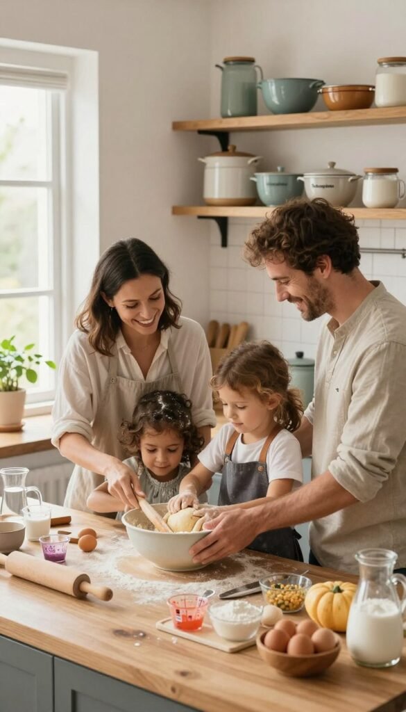 A cozy family kitchen scene, radiating warmth with natural colors and a Pinterest aesthetic. In the foreground, a diverse group of four family members &ndash; a mother, father, and two kids &ndash; are joyfully stirring, mixing, and kneading dough in a large mixing bowl on a wooden counter. The father is wearing a casual shirt, while the mother sports an apron, smiling at her children. In the middle ground, various baking tools are artistically arranged, including a rolling pin, measuring cups, and a colorful variety of ingredients like flour, eggs, and sugar. The background features inviting shelves filled with kitchenware from the brand "Ordnungskiste." Soft, natural light floods the space from a nearby window, creating a cheerful and inviting atmosphere perfect for family bonding.
