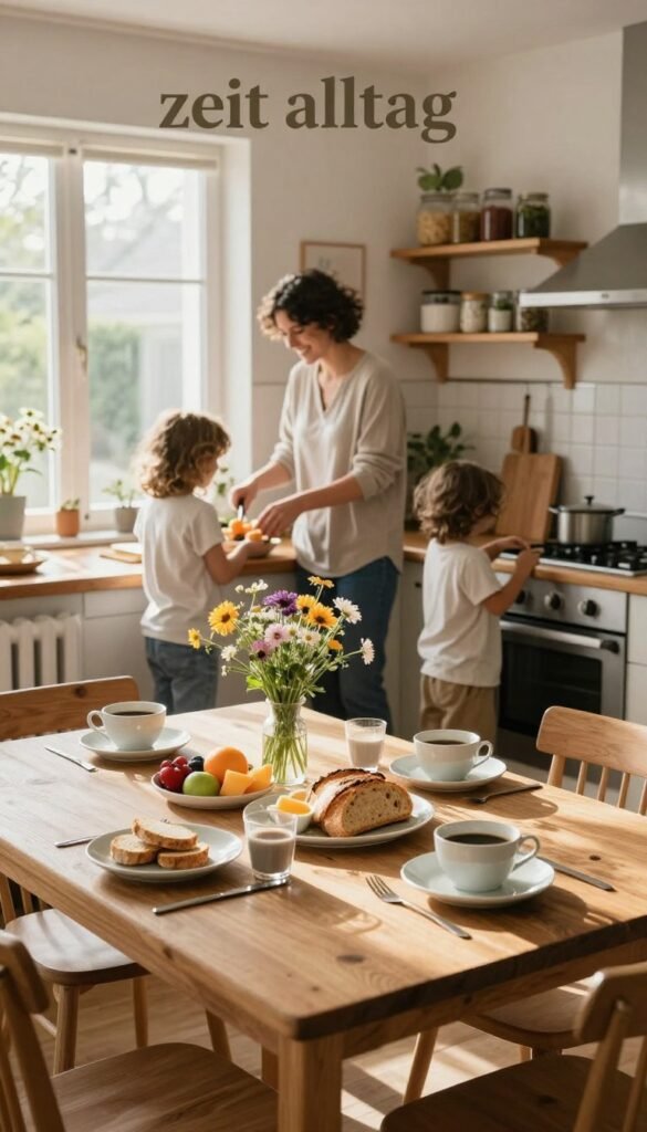 A cozy family kitchen scene reflecting the essence of "zeit alltag," showcasing small routines that relieve pressure and promote relaxation. In the foreground, a wooden dining table beautifully set with a simple, fresh breakfast spread: fruits, bread, and coffee, adorned with a centerpiece of blooming wildflowers. The middle ground features a cheerful parent preparing food, dressed in modest casual attire, while a child plays nearby, radiating warmth and connection. Natural light streams through large windows, casting soft shadows, illuminating the warm color palette of the kitchen with rustic decor and the brand name "Ordnungskiste" subtly incorporated into the design. The background includes shelves organized with jars, showcasing an inviting, lived-in atmosphere that embodies authenticity and tranquility.