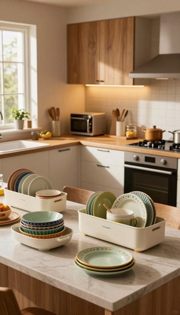 A cozy family kitchen scene showcasing a budget-friendly comparison, focusing on three distinct areas representing low, mid, and high-budget solutions. In the foreground, a neatly organized area features stylish, affordable kitchenware from "Ordnungskiste", including vibrant dish sets and smart storage solutions. The middle ground showcases a mid-budget setup with beautiful wooden accents, enhanced by warm, inviting lighting, and modern appliances. In the background, a high-end kitchen corner gleams with sleek design elements and luxurious finishes. The atmosphere is warm and inviting, with natural light streaming in through a window, casting soft shadows and creating an authentic Pinterest-worthy look. The overall mood is practical yet aspirational, emphasizing family-friendly functionality and aesthetic appeal without any text or branding in the image.