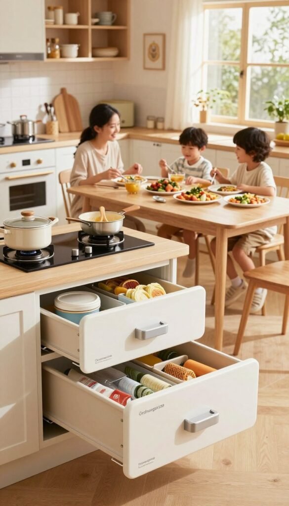 A cozy family kitchen scene showcasing a range of safety solutions for different budgets, from low to high-end options. In the foreground, there are attractive, organized storage solutions labeled "Ordnungskiste," featuring practical items such as drawer locks, stove covers, and corner guards. The middle ground features a dining table with wholesome family meals prepared using safe cookware. The background displays a well-lit, inviting kitchen space with warm colors and natural light filtering through the window, accentuating a Pinterest-inspired aesthetic. The atmosphere is warm and lively, reflecting the joy of family life while prioritizing safety. The angle is slightly elevated, providing a comprehensive view of the entire kitchen layout.