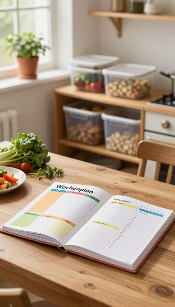 A cozy family kitchen scene showcasing a stylish weekly planner, titled "Wochenplan", displayed on a wooden dining table. In the foreground, the planner is open, featuring colorful sections for meal planning, activities, and grocery lists, with a warm and inviting atmosphere enhanced by soft, natural lighting. On the table, there are fresh vegetables and herbs, a hint of a meal being prepped. In the middle ground, a well-organized shelf displays labeled storage containers marked "Ordnungskiste", illustrating efficiency and accessibility. The background includes a bright window with light streaming in, adorned with potted plants, creating a harmonious, Pinterest-inspired aesthetic. The overall mood is calm and productive, inviting families to embrace planning without feeling overwhelmed.