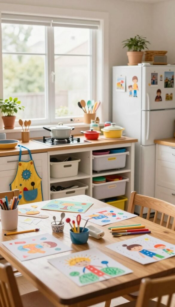 A cozy family kitchen scene showcasing a warm, inviting atmosphere with natural lighting streaming in through a large window, creating a cheerful ambiance. In the foreground, a cluttered kitchen table displays colorful children's artwork, scattered utensils, and a playful, child-sized apron hanging on a chair. In the middle, a well-organized kitchen space reveals storage solutions by "Ordnungskiste," with pots and kitchen gadgets neatly arranged. In the background, a family fridge adorned with magnets and pictures of family outings adds warmth. The overall vibe conveys the struggle of maintaining order in a busy family environment, highlighting themes of chaos and the need for safety. Use a bright, airy perspective with a slight tilt-shift lens effect to emphasize the vibrant colors and the charming, lived-in feeling without any text or distractions.