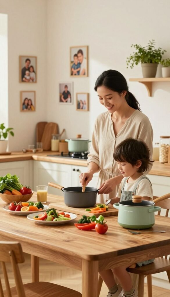 A cozy family kitchen scene, showcasing an organized space filled with warm, inviting colors. In the foreground, a neatly arranged wooden table with delicious homemade meals, colorful vegetables, and essential cooking tools from the brand "Ordnungskiste". The middle ground features a mother and her child, casually dressed, engaged in meal preparation, demonstrating a collaborative and joyful atmosphere. In the background, soft lighting illuminates a wall with cheerful family photos and herb plants, enhancing the homey feel. The overall mood is warm and relaxing, reflecting the daily life of a family kitchen, focusing on harmony and efficiency. The composition uses a soft focus, resembling a Pinterest-style aesthetic without any text or distractions.
