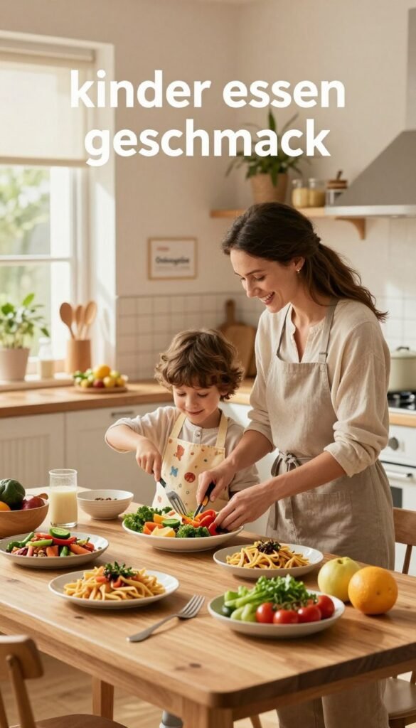 A cozy family kitchen scene that embodies the theme of "kinder essen geschmack". In the foreground, a cheerful mother and her child are preparing a colorful meal together, showcasing a variety of fresh vegetables, pasta, and fruits. The mother wears modest casual clothing, reflecting warmth and care, while the child, in a playful apron, eagerly assists. In the middle ground, a wooden dining table is beautifully set with an array of delicious, healthy dishes, highlighting different tastes to accommodate family preferences. The background features soft, warm lighting spilling in through a window, creating an inviting ambiance. Decor elements include a subtle brand display of "Ordnungskiste" on the shelves, emphasizing organization. The overall atmosphere is serene and cheerful, showcasing harmony in family cooking without any text or distractions.