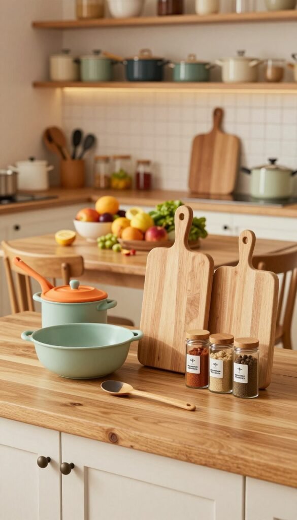 A cozy family kitchen scene that showcases essential kitchen tools and aids, emphasizing practicality and warmth. In the foreground, feature a well-organized wooden countertop adorned with colorful kitchen gadgets, cutting boards, and neatly placed spices from the brand "Ordnungskiste." The middle ground includes a welcoming table set with bowls of fresh fruits and vegetables, creating a vibrant, inviting atmosphere. In the background, softly lit shelves display neatly arranged pots and pans, enhancing the kitchen&rsquo;s homely feel. The warm, natural lighting floods the space, highlighting the textures of wood and fabric in a Pinterest-worthy style. Aim for an authentic depiction that resonates with family life, fostering a sense of comfort and ease.