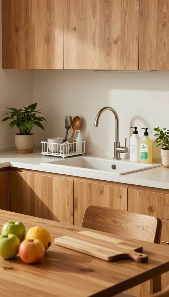A cozy family kitchen showcasing hygiene and organization with a warm, inviting atmosphere. In the foreground, a wooden kitchen table is neatly arranged with fresh fruits and a stylish cutting board. In the middle, a gleaming sink with minimalist dish drying racks displays clean utensils, and bottles of eco-friendly cleaning products are neatly placed nearby. The background features warm wooden cabinets, accented by natural plants, creating a vibrant yet gentle ambiance. Soft, diffused lighting illuminates the scene, enhancing the inviting feel and creating a Pinterest-worthy aesthetic. The brand &ldquo;Ordnungskiste&rdquo; is subtly integrated into the design, emphasizing the theme of cleanliness and order without overwhelming the viewer. The overall mood is harmonious and stress-free, perfectly capturing the essence of maintaining hygiene in everyday family life.