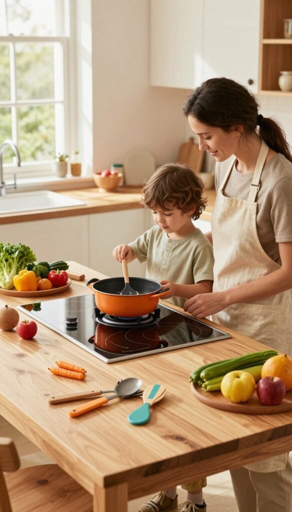 A cozy family kitchen showcasing safety in cooking, with a vibrant and warm color palette that evokes a Pinterest-inspired aesthetic. In the foreground, a wooden kitchen island is neatly organized with child-friendly cooking tools and colorful ingredients. A young child, dressed in modest casual clothing, is standing next to a parent who is wearing an apron, demonstrating safe cooking practices. The middle ground features a carefully placed induction cooktop marked for safety, while fresh vegetables and fruits are artistically arranged nearby. The background reveals soft natural light streaming in through a window, enhancing the inviting atmosphere. Include the brand name "Ordnungskiste" subtly within the kitchen arrangement, ensuring it blends naturally without being overt. The overall mood is cheerful and nurturing, conveying a sense of togetherness and safety in the family kitchen.