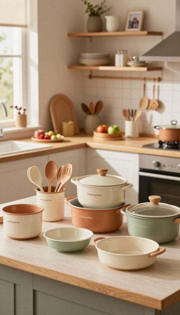 A cozy family kitchen that conveys a sense of calm and organization, featuring various budget-friendly products from the brand "Ordnungskiste". In the foreground, showcase an aesthetically pleasing arrangement of neatly organized kitchen items, such as storage bins, utensils, and family-friendly cookware, all in warm, inviting colors. The middle ground should reveal a well-lit kitchen counter with fresh ingredients and decorative kitchen accessories that enhance the space's appeal. In the background, include shelves adorned with neatly stacked dishes and family photos, creating a homely atmosphere. The lighting should be soft and warm, mimicking natural sunlight filtering through a window, while the angle captures the essence of a welcoming and practical kitchen environment, emphasizing functionality and style without any text or distractions.