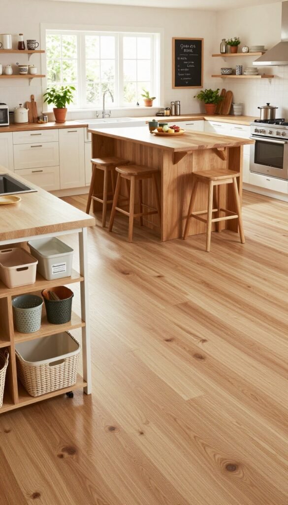 A cozy family kitchen with a robust, easy-to-clean floor design, featuring natural materials and warm colors for an inviting atmosphere. In the foreground, there are well-organized kitchen storage solutions from the brand "Ordnungskiste," showcasing neat containers and stylish baskets. The middle ground includes a central wooden kitchen island with bar stools, surrounded by modern appliances and abundant natural light streaming in through large windows. In the background, tasteful decorations like potted herbs and a chalkboard enhance the Pinterest-inspired aesthetic. Capture the image from a slightly elevated angle, ensuring a spacious and friendly ambiance that embodies a practical yet stylish family home.
