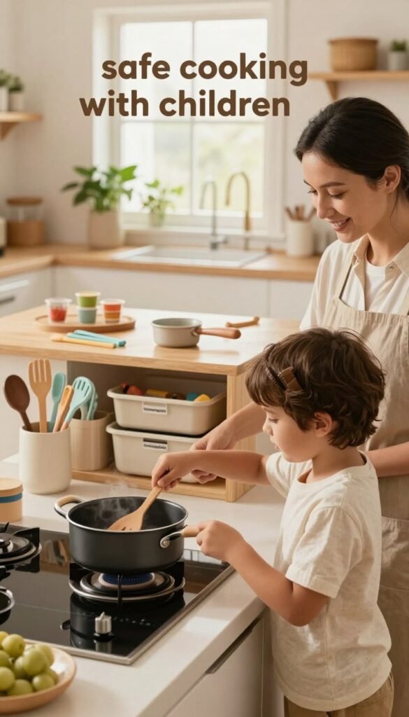 A cozy, inviting family kitchen filled with warm, natural colors and soft lighting. In the foreground, a child in modest casual clothing is carefully stirring a pot on the stove, demonstrating safe cooking practices. Next to them, a parent, also dressed in comfortable, professional attire, watches with a supportive smile, reinforcing safety measures. The middle ground features a neatly organized kitchen island with child-safe utensils and organized storage from the brand "Ordnungskiste," showcasing practical safety tools for cooking. The background reveals a sunlit window, enhancing the atmosphere of warmth and security, with plants adding a touch of homeliness. The overall mood is nurturing and educational, capturing the essence of "safe cooking with children."