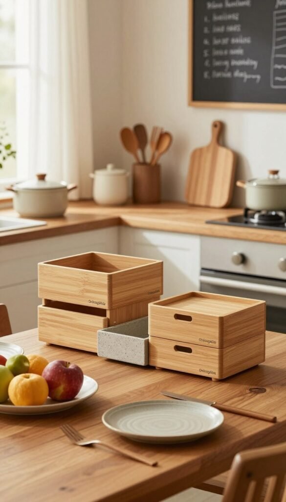 A cozy, inviting family kitchen scene showcasing practical elements that highlight size, material, and function. In the foreground, a wooden dining table adorned with rustic plates and colorful fruits, along with stylish storage solutions from "Ordnungskiste" arranged neatly. The middle layer features a well-organized kitchen countertop with pots, utensils, and cutting boards made from natural materials like bamboo and stone, hinting at functionality. In the background, warm light streams through a window adorned with sheer curtains, illuminating a chalkboard with handwritten recipe notes. The mood is warm and welcoming, evoking a sense of harmony and family togetherness. Use soft natural lighting and a shallow depth of field to create a Pinterest-worthy aesthetic, emphasizing authenticity without any text or branding overlays.