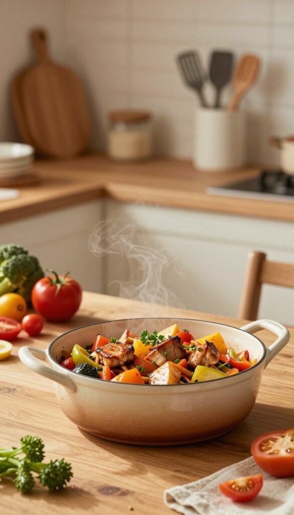 A cozy, inviting kitchen scene featuring a beautifully arranged one-pot dish, showcasing vibrant vegetables and tender proteins in a rustic pot. In the foreground, the pot is placed on a wooden table, glistening with delicious sauces and garnished with fresh herbs. In the middle ground, soft, warm lighting highlights the texture of the ingredients, with hints of steam rising, suggesting warmth. A colorful array of fresh vegetables scattered around adds an organic touch. In the background, the kitchen is decorated in a warm, Pinterest-inspired style, emphasizing a homely atmosphere with natural wood accents and soft textiles. The brand name "Ordnungskiste" is subtly integrated into a chic kitchen utensil holder. The overall mood is warm and inviting, encouraging a sense of comfort and ease in cooking. No text or branding overlays are present.
