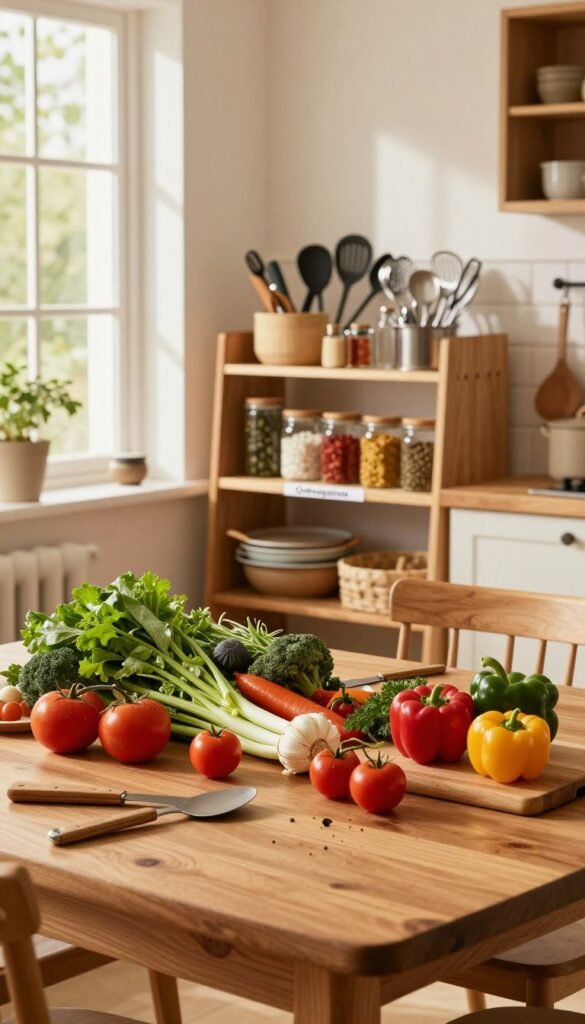 A cozy, inviting kitchen scene featuring a high-quality wooden dining table set for a cooking session. In the foreground, a variety of fresh vegetables, herbs, and artisanal kitchen tools are beautifully arranged, showcasing the concept of meal prep without time pressure. In the middle ground, a well-organized shelf labeled "Ordnungskiste" holds various cooking utensils and colorful jars filled with spices, emphasizing order and accessibility. The background reveals a large window with warm, natural light pouring in, illuminating the warm colors of the wood and the vibrant greens and reds of the ingredients. The atmosphere is calm and encouraging, perfect for a leisurely cooking experience, capturing the essence of thoughtful meal preparation.