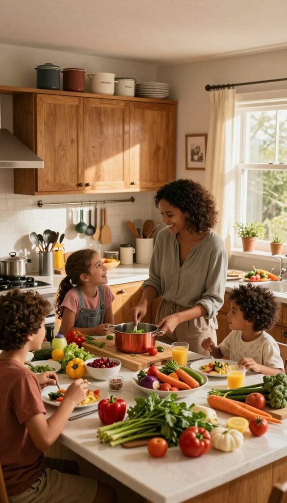 A cozy, inviting kitchen scene showcasing a lively family dinner preparation. In the foreground, a bustling kitchen island filled with colorful fresh ingredients: vibrant vegetables, herbs, and spices, all artfully arranged. A diverse family of four, dressed in comfortable, casual clothing, is engaged in cooking together, with smiles and laughter, adding a joyful atmosphere. The middle ground features an organized kitchen with polished wooden cabinets and chic containers labeled "Ordnungskiste" that hold kitchen utensils. Soft, warm lighting filters through a window, creating a welcoming glow. In the background, a beautifully set dining table is visible, ready for a delicious meal, suggesting the completion of a family dinner within 30 minutes. The overall mood is harmonious and dynamic, embodying the essence of quick, efficient family cooking.