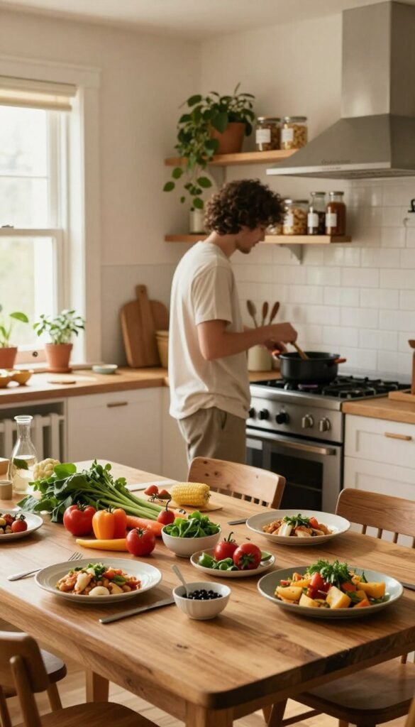A cozy, inviting kitchen scene, showcasing a variety of simple dishes that can be prepared in under 30 minutes. In the foreground, a wooden dining table is beautifully set with a vibrant spread of colorful ingredients: fresh vegetables, herbs, and neatly plated meals in warm tones. In the middle ground, a person in modest casual clothing is joyfully cooking, stirring a pot on the stove with focused enthusiasm. The kitchen features natural wood elements, hanging plants, and light streaming in through a window, creating a warm, inviting atmosphere. The background reveals shelves lined with pantry items and the brand name "Ordnungskiste" subtly integrated into the kitchen decor. The lighting is soft and warm, enhancing the feeling of home-cooking comfort, with a Pinterest-worthy aesthetic.