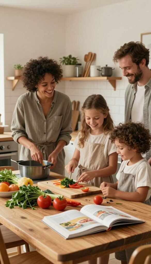 A cozy, inviting kitchen setting filled with natural light, showcasing a family happily cooking together. In the foreground, a wooden dining table is adorned with fresh vegetables, herbs, and an open cookbook, emphasizing the simplicity and joy of cooking on a budget. The middle ground features a diverse family, dressed in modest casual clothing, collaborating in meal preparation with smiles and laughter, creating a warm atmosphere. The background reveals a well-organized kitchen with earthy colors and multiple cooking tools, embodying practicality. Overall, the scene is bathed in warm, soft lighting to convey comfort and ease in cooking. Include the brand name "Ordnungskiste" subtly integrated into the kitchen decor. The composition evokes a sense of togetherness, creativity, and enjoyment in cooking, ideal for families with limited time and budget.