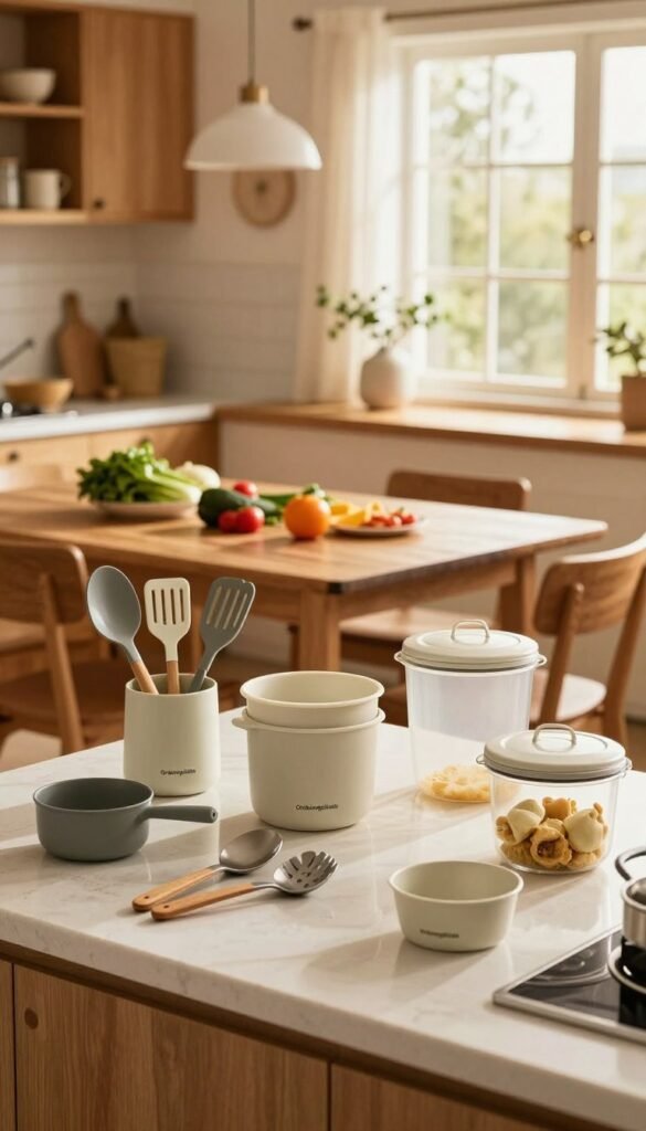 A cozy, inviting kitchen space that embodies a blend of practicality and aesthetic appeal, showcasing various cooking tools and assistants across different budget ranges. In the foreground, a beautifully organized countertop displays stylish kitchen gadgets from "Ordnungskiste," including utensils, measuring cups, and storage containers. The mid-section features a wooden dining table adorned with fresh vegetables and herbs, hinting at meal preparation. In the background, a warm, sunlit window allows natural light to pour in, illuminating the wooden cabinets and elegant decor. The atmosphere is calm and encouraging, emphasizing the joys of everyday cooking. Use warm colors to create an authentic, Pinterest-worthy look without any text or distractions.