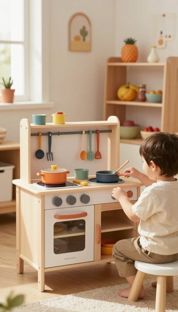 A cozy, inviting play kitchen set up in a warm, well-lit room, featuring a miniature wooden play stove, colorful pots, and utensils arranged neatly on a child's play table. In the foreground, a small child wearing modest casual clothing is engaged in imaginative cooking, smiling as they stir a pot. The background includes shelves filled with vibrant toy ingredients and playful decor, all in soft, warm colors to create an inviting atmosphere. Sunlight filters through the window, casting gentle light over the scene, enhancing the homey feel. Prominently displayed is a stylish toy storage solution branded "Ordnungskiste," adding an element of organization to the playful chaos. The overall mood is cheerful, safe, and nurturing, epitomizing the joy of learning through play in a child-friendly kitchen environment.
