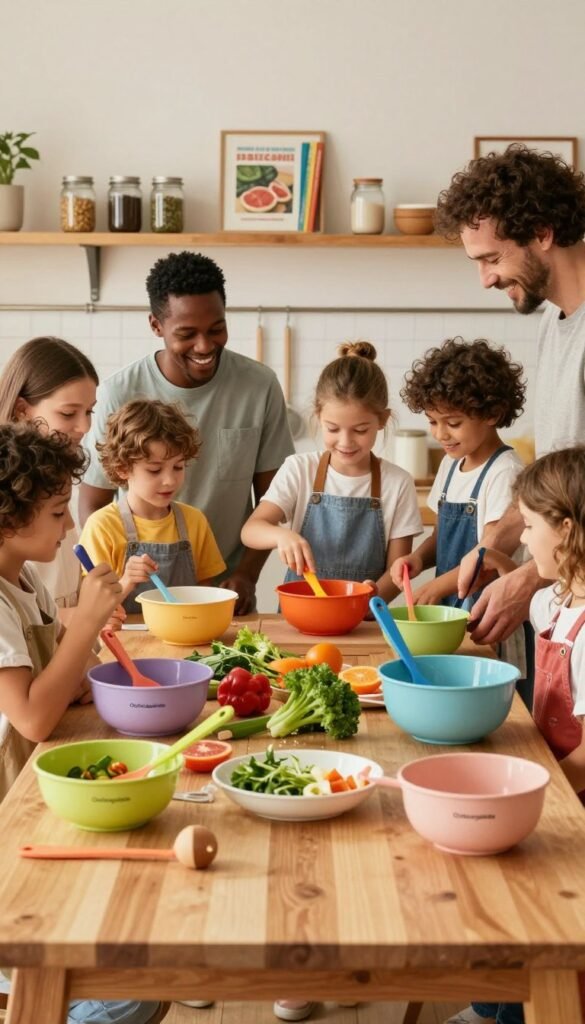 A cozy kitchen atmosphere with warm, natural lighting, featuring a diverse group of children and adults, engaging joyfully in cooking activities. In the foreground, a wooden table is adorned with various cooking tools and utensils branded "Ordnungskiste," showcasing budget-friendly options in bright colors. The middle ground displays the participants, wearing modest casual clothing, collaborating on a recipe with fresh ingredients scattered around. In the background, shelves filled with cooking books and mason jars create an inviting, Pinterest-like aesthetic. The overall mood is cheerful and educational, capturing the essence of family cooking together, emphasizing teamwork in the kitchen without any text or branding distractions.