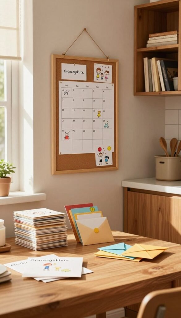 A cozy kitchen corner designed for family organization, featuring a wooden table displayed in the foreground, adorned with neatly stacked letters and colorful envelopes organized in the "Ordnungskiste." In the middle ground, a corkboard hangs on the wall, filled with family schedules and cheerful drawings. The background shows warm-toned cabinetry filled with books and storage boxes, creating an inviting atmosphere. Soft, natural light streams in through a nearby window, casting gentle shadows and enhancing the warm colors. The overall mood is calm and inspiring, promoting a clutter-free environment ideal for communication and coordination among family members.
