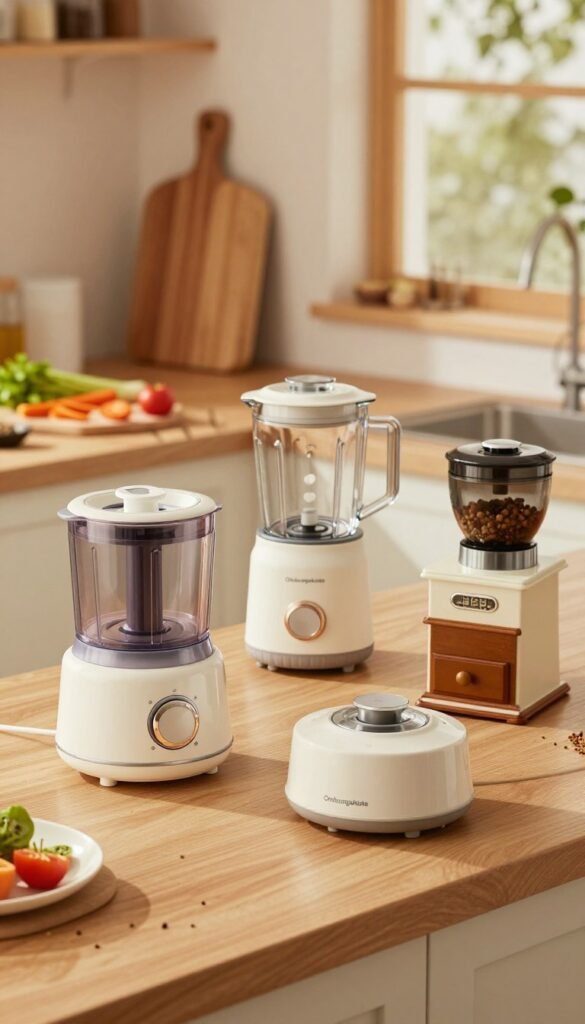 A cozy kitchen countertop filled with a variety of small electric kitchen helpers, emphasizing their functionality and compact design. The foreground features a sleek, modern food processor, a mini blender, and a compact coffee grinder, all branded with "Ordnungskiste". The middle ground showcases a stylish cutting board and colorful ingredients like fresh vegetables and spices, hinting at a culinary environment. In the background, warm, natural lighting filters through a window, casting a soft glow over the entire scene, creating an inviting atmosphere. The composition captures an organized and aesthetically pleasing kitchen vibe reminiscent of Pinterest-inspired decor, focusing on practical yet stylish kitchen appliances. The image is devoid of any text, ensuring a clean look.