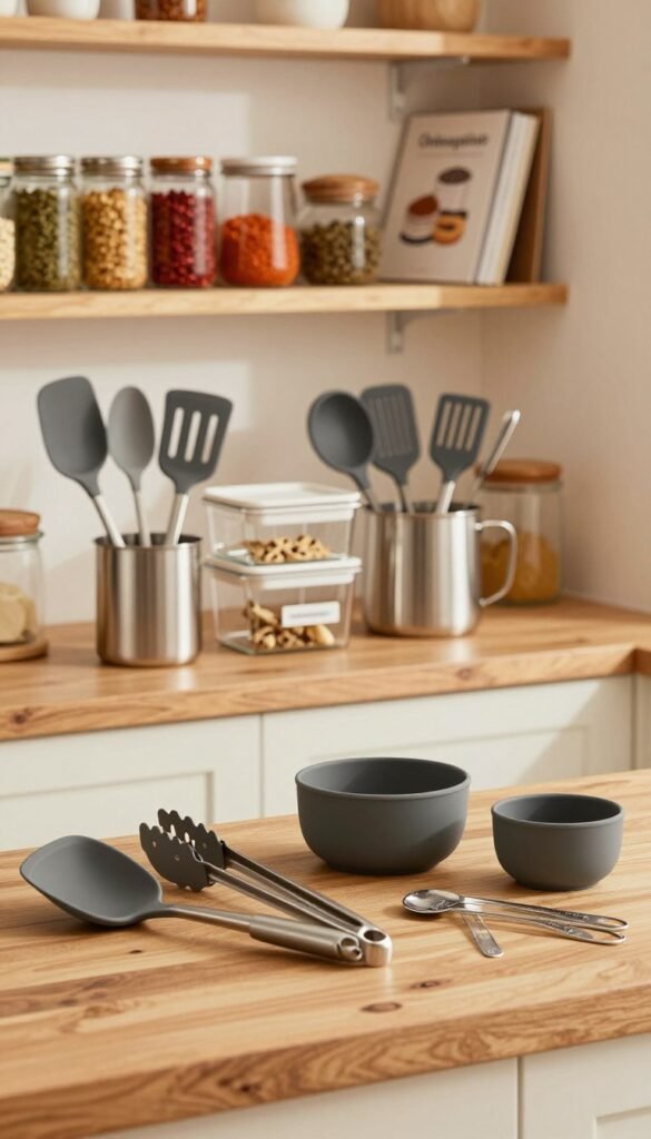 A cozy kitchen environment showcasing a selection of high-quality silicone and stainless steel utensils. In the foreground, a neatly arranged set of durable kitchen tools including spatulas, tongs, and measuring cups, all highlighted with warm, inviting lighting. In the middle ground, a wooden countertop adds a rustic touch, accompanied by stylish glass storage containers labeled “Ordnungskiste.” The background features soft-focus kitchen shelves filled with vibrant spices and cookbooks, enhancing the homey atmosphere. The color palette is natural with warm tones, promoting a cozy and welcoming feel. The overall composition should reflect a blend of functionality and aesthetic appeal, ideal for everyday cooking. The image is free of any text or overlays.