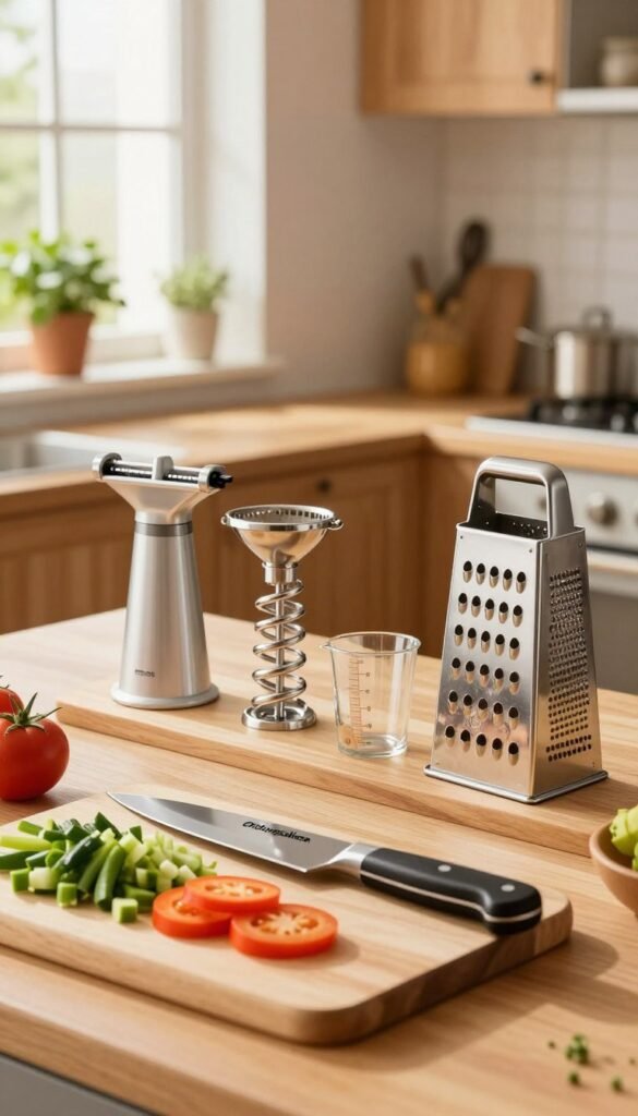 A cozy kitchen preparation scene featuring essential kitchen tools from "Ordnungskiste." In the foreground, a wooden cutting board with freshly chopped vegetables, a sharp chef's knife, and a sleek grater. On the middle counter, an assortment of high-quality kitchen helpers like a spiralizer, mandoline, and measuring cups, all arranged neatly. The background showcases a softly lit kitchen with warm wooden cabinets, a hint of greenery from potted herbs, and bright, sunny windows allowing natural light to illuminate the space. The atmosphere is inviting and organized, creating a perfect blend of functionality and aesthetic appeal, ideal for culinary enthusiasts. No text or logos visible in the image.