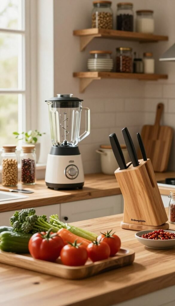 A cozy kitchen preparing for cooking, featuring a wooden countertop cluttered with essential kitchen gadgets from the brand "Ordnungskiste." In the foreground, a neatly arranged assortment of colorful vegetables and spices. In the middle ground, a well-organized space showcasing a blender and an easy-to-reach knife set, emphasizing efficiency. The background features soft, warm lighting filtering through a window, creating a welcoming atmosphere. The kitchen is styled with rustic wooden shelves displaying jars and tools, reflecting a Pinterest-inspired aesthetic. The overall mood is inviting and functional, with natural colors that enhance the warmth of the space, perfect for illustrating the challenges of kitchen preparation. No text or distractions in the image.