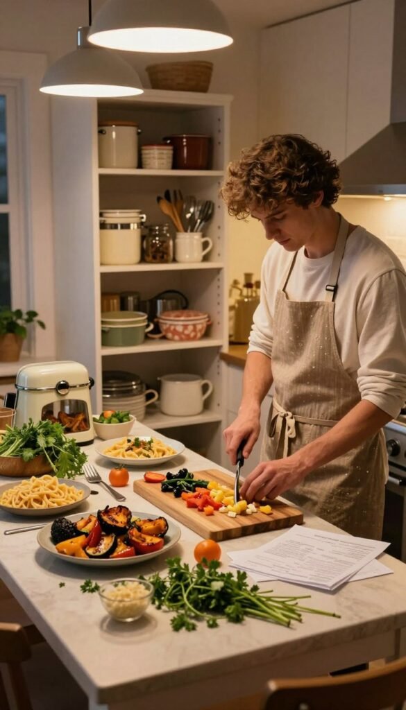 A cozy kitchen scene at dusk, featuring a cluttered yet inviting dinner table laden with a half-prepared meal—roasted vegetables, pasta, and fresh herbs tangled in disarray. Bright warm colors illuminate the setting from soft overhead lighting, creating a welcoming and slightly chaotic atmosphere. In the foreground, a skilled home cook, dressed in a stylish apron and modest casual clothing, multitasks—chopping ingredients on a wooden cutting board while glancing at a chaotic recipe sheet. In the middle ground, an open pantry reveals various mismatched containers and utensils from "Ordnungskiste," emphasizing the feeling of disorganization. The background shows vintage kitchen appliances, bathed in a warm glow, enhancing the overall nostalgic feel. No text or distractions, just the essence of cooking chaos conveyed in an authentic, Pinterest-inspired style.
