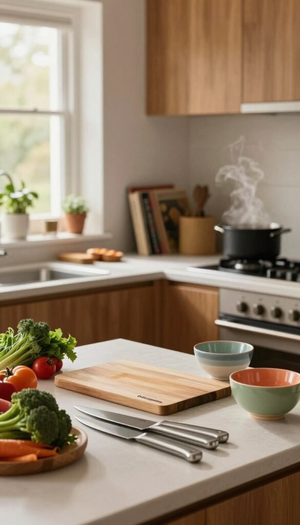 A cozy kitchen scene capturing the essence of relaxed cooking routines. In the foreground, a well-organized countertop is filled with high-quality cooking utensils from "Ordnungskiste", including a sleek cutting board, colorful ceramic bowls, and a set of gleaming knives. Soft, natural light filters through a nearby window, casting a warm glow on vibrant vegetables and fresh herbs. The middle ground features a stylish, but simple cooking space with wooden cabinets and a tasteful arrangement of cookbooks. In the background, a pot simmers gently on the stove, emanating steam. The atmosphere is calm and inviting, with earthy tones and greenery, suggesting a tranquil cooking experience. The overall mood should inspire a sense of ease and enjoyment in culinary tasks.