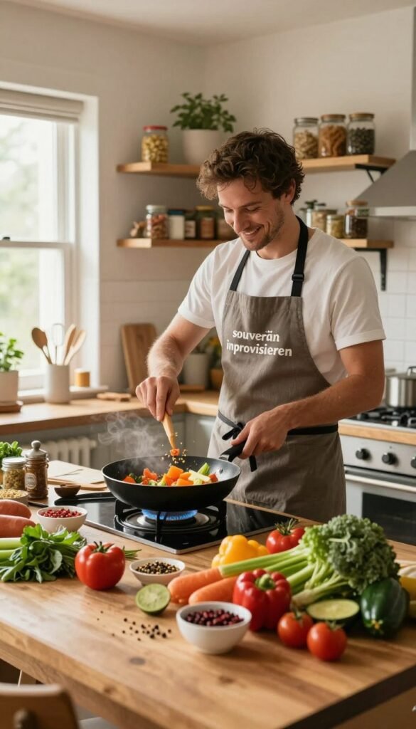 A cozy kitchen scene conveying the essence of "souver&auml;n improvisieren" in cooking, featuring a confident chef wearing a stylish apron, demonstrating resourcefulness amidst playful chaos. In the foreground, a wooden table is cluttered with vibrant fresh vegetables, spices, and cooking utensils, showcasing ingredients ready for creative meal preparation. The middle ground illustrates the chef deftly combining unexpected ingredients in a pan, with an inviting smile suggesting confidence and ease. In the background, warm, natural light floods in from a window, highlighting a well-organized shelving unit labeled "Ordnungskiste," filled with jars and orderly cooking tools. The overall atmosphere is warm and welcoming, evoking a sense of relaxed creativity and culinary enjoyment, perfect for illustrating adaptability in the kitchen.