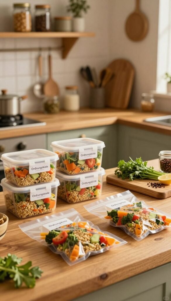 A cozy kitchen scene depicted in warm, inviting colors, showcasing an organized countertop filled with neatly labeled containers from "Ordnungskiste". In the foreground, several vacuum-sealed bags filled with portioned leftover meals, each containing colorful vegetables and grains, arranged aesthetically. In the middle ground, a wooden cutting board with fresh herbs and spices, hinting at the cooking process. The background features a soft-focus view of a rustic kitchen with warm, ambient lighting, highlighting shelves stocked with mason jars and kitchen tools, creating a stress-free and inviting cooking atmosphere. The overall mood is relaxed and homey, encouraging family cooking and meal planning without clutter or distractions.