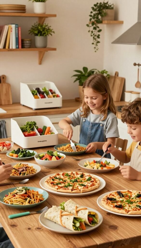 A cozy kitchen scene depicting a variety of kid-friendly meals, including colorful pasta, mini pizzas, and vibrant wraps, displayed on a rustic wooden table. In the foreground, a playful arrangement of the meals catches the eye, featuring fresh vegetables and fun cutlery. In the middle, cheerful children in modest casual clothing are eagerly helping to prepare the food, their expressions filled with joy and excitement. In the background, soft, warm lighting creates an inviting atmosphere, with shelves filled with cookbooks and plants to add a touch of homeliness. A stylish "Ordnungskiste" organizer is visible, enhancing the sense of order in the friendly kitchen environment. The overall mood is warm and inviting, perfect for family bonding over delicious meals.