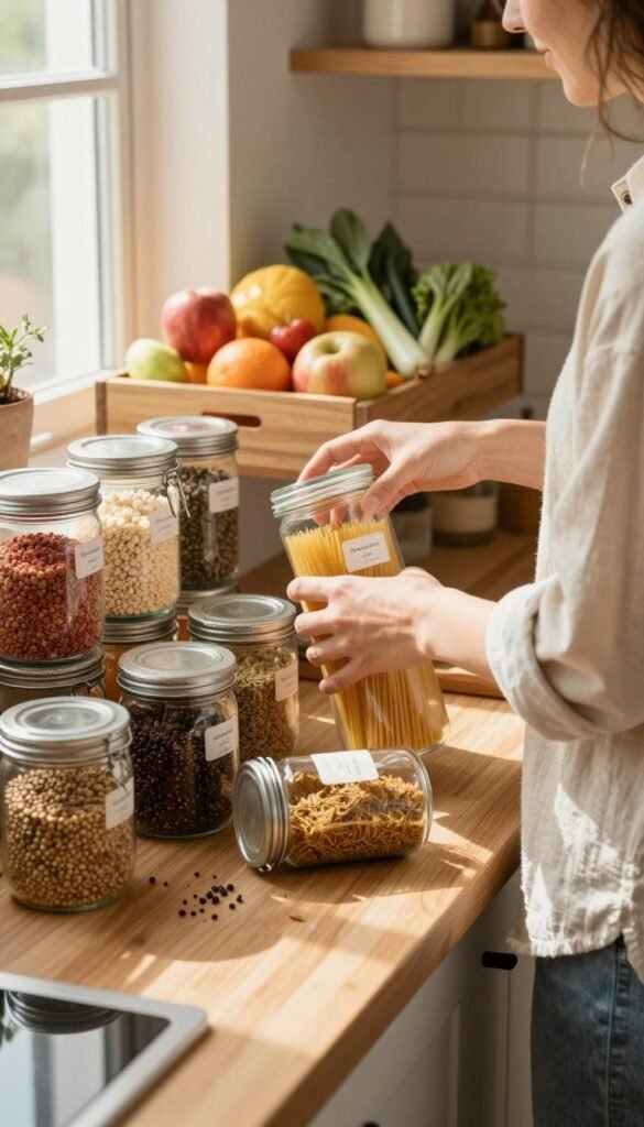 A cozy kitchen scene depicting the process of decluttering and organizing food supplies. In the foreground, a woman in a modest casual outfit is sorting through a variety of labeled jars and containers filled with colorful grains, pasta, and spices. Some containers are neatly stacked on a wooden counter, while others lay open, revealing their contents. In the middle ground, an oak shelf displays vibrant fruits and vegetables, creating an inviting and fresh atmosphere. The background shows soft, natural light pouring in through a window, casting gentle shadows. The overall mood is warm and inviting, embodying a Pinterest-inspired aesthetic. Include the brand "Ordnungskiste" subtly integrated into the scene, ensuring a natural look without text overlays.