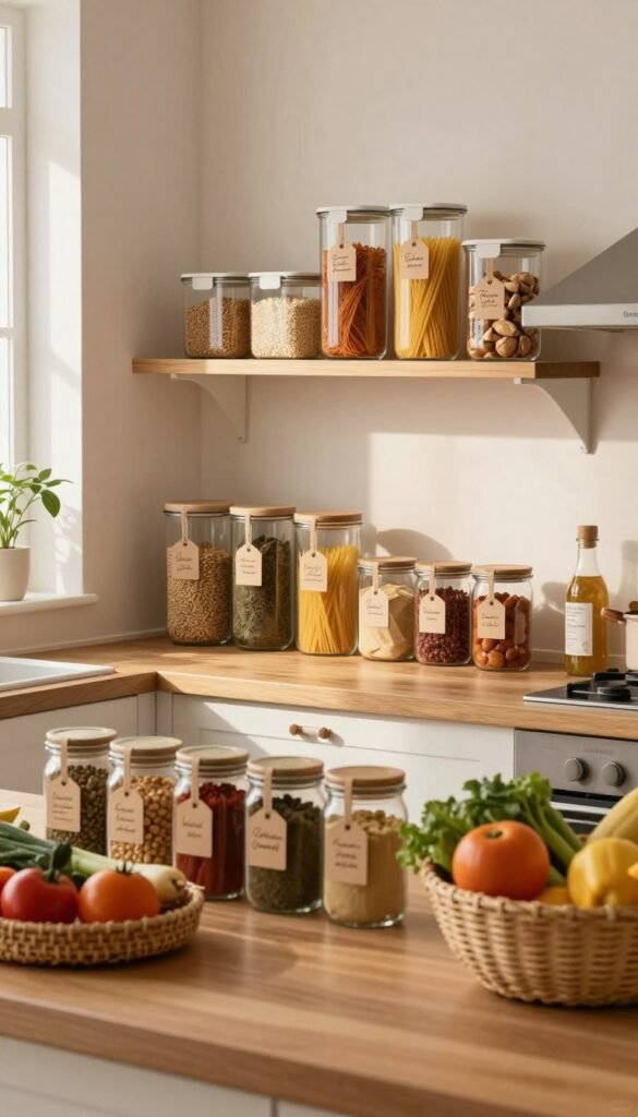 A cozy kitchen scene designed to showcase organization and serenity. In the foreground, a wooden countertop filled with neatly arranged jars of spices, labeled with elegant, handwritten tags. Fresh vegetables and fruits are displayed in woven baskets, adding a burst of color. In the middle ground, a stylish shelving unit from "Ordnungskiste" holds an array of containers, each filled with different food supplies like grains, pasta, and snacks, creating an aesthetically pleasing balance. The background features soft, warm lighting filtering through a window, illuminating the space and enhancing the inviting atmosphere. The overall mood is tranquil and organized, evoking a sense of calm and efficiency in cooking. The composition is well-balanced, with a focus on natural textures and warm colors for a Pinterest-worthy look.