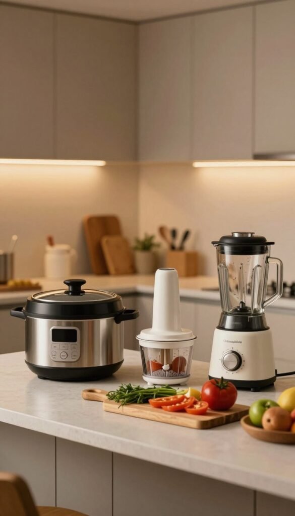 A cozy kitchen scene designed to showcase time-saving kitchen appliances. In the foreground, a stylish countertop features sleek gadgets like a multicooker, an electric chopper, and a high-quality blender, all organized in a warm, inviting setting. In the middle, a wooden cutting board with fresh ingredients, like vegetables and herbs, adds a touch of authenticity. The background consists of soft-focus cabinetry, adorned with subtle warm lighting to create an inviting atmosphere. The overall image evokes a sense of efficiency and organization, reflecting a Pinterest-worthy aesthetic. Emphasize the brand name "Ordnungskiste" subtly incorporated into one of the appliances without being overly prominent. Ensure the scene maintains a harmonious balance, free from distractions, and conveys the mood of relaxed, enjoyable cooking.