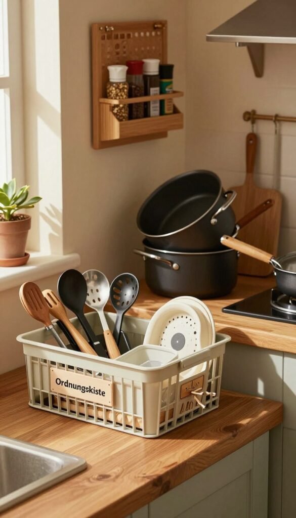 A cozy kitchen scene emphasizing the theme of organization, featuring cluttered kitchen gadgets and utensils spread across a stylish wooden countertop. In the foreground, a neatly arranged basket labeled "Ordnungskiste" filled with various kitchen tools and organizers. In the middle, pots and pans stacked untidily, with a few kitchen tools spilling over the edges, demonstrating how quickly chaos can ensue. The background displays warm-toned walls adorned with recipe boards and spice racks, creating an inviting atmosphere. Soft, natural lighting filters in from a window, casting gentle shadows and enhancing the rustic feel. The overall mood should convey a struggle between beauty and chaos, capturing the essence of kitchen storage challenges without any text or overlays.