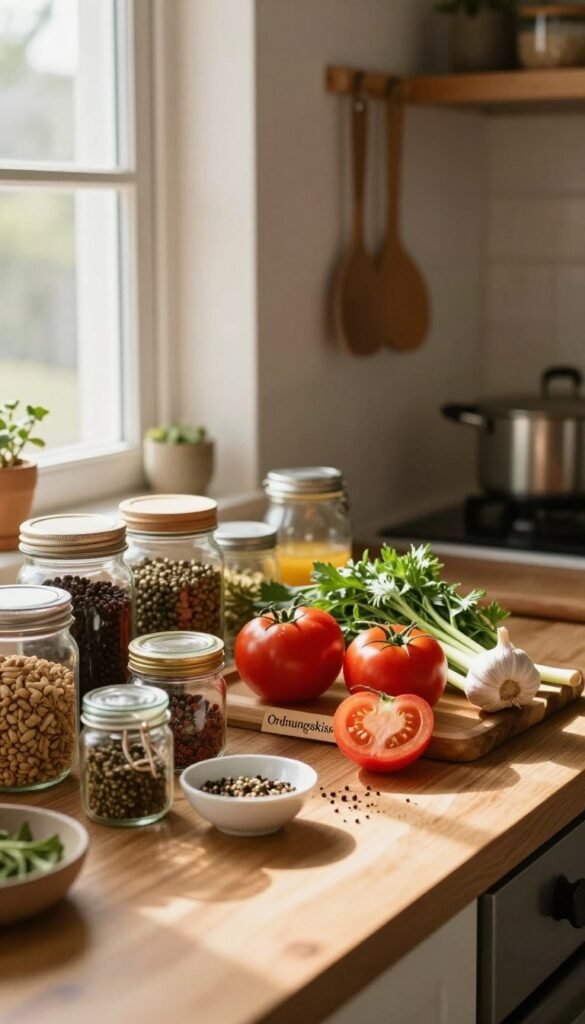 A cozy kitchen scene features a beautifully organized wooden countertop showcasing the "Ordnungskiste" filled with an assortment of fresh, colorful ingredients&mdash;tomatoes, herbs, garlic, and spices. In the foreground, there are elegantly arranged jars and bowls holding essential ingredients, inviting the viewer to explore simplicity in cooking. The middle ground captures the subtle play of natural light streaming through a nearby window, casting warm, inviting shadows across the surface. In the background, a rustic wall displays simple kitchen utensils and pots. The atmosphere is warm and welcoming, embodying a Pinterest-inspired aesthetic, with an emphasis on authenticity. The composition highlights the beauty of cooking with few ingredients, focusing on the idea of quick and easy meal preparation.