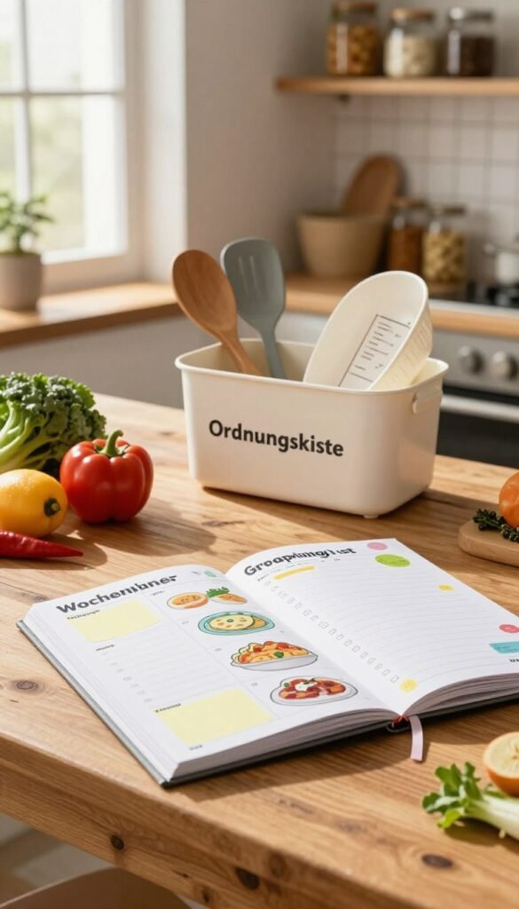 A cozy kitchen scene featuring a Wochenplaner (weekly planner) and a grocery shopping list prominently displayed on a rustic wooden table. In the foreground, the planner is open, with colorful notes and stickers illustrating meal ideas. Beside it, fresh ingredients like vegetables and fruits are arranged artistically. In the middle ground, a stylish "Ordnungskiste" container holds cooking utensils and measuring cups. Lively light streams through a nearby window, casting warm tones across the scene. In the background, shelves filled with jars of pantry staples suggest a well-organized kitchen. The atmosphere is inviting and family-friendly, ideal for planning meals together with children, showcasing practicality and safety in a nurturing environment. There are no persons in the image, maintaining a clean and focused visual.